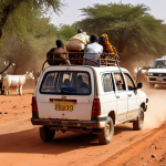 **A crowded bush taxi overflowing with people, luggage, and livestock (including a goat), kicking up dust on a red dirt road in the Chadian countryside. The taxi is an old, beat-up Peugeot