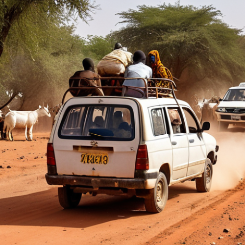 Home 4 **A crowded bush taxi overflowing with people, luggage, and livestock (including a goat), kicking up dust on a red dirt road in the Chadian countryside. The taxi is an old, beat-up Peugeot