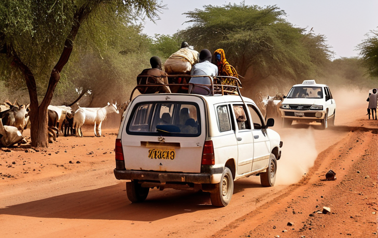 **A crowded bush taxi overflowing with people, luggage, and livestock (including a goat), kicking up dust on a red dirt road in the Chadian countryside. The taxi is an old, beat-up Peugeot