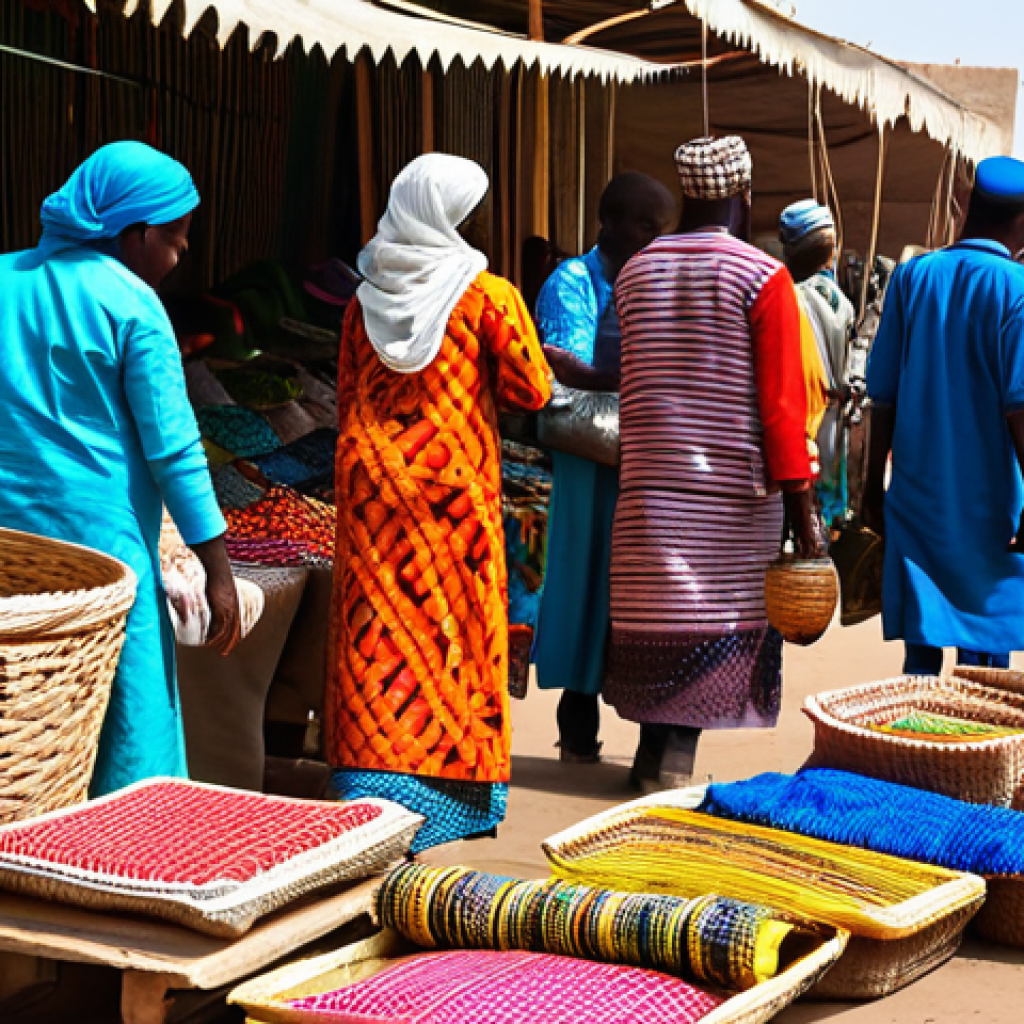 차드의 주요 재래시장과 쇼핑 팁 - **

"A bustling market scene in N'Djamena, Chad. Vendors in modest, colorful clothing sell vibrant t...