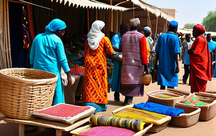 차드의 주요 재래시장과 쇼핑 팁 - **

"A bustling market scene in N'Djamena, Chad. Vendors in modest, colorful clothing sell vibrant t...
