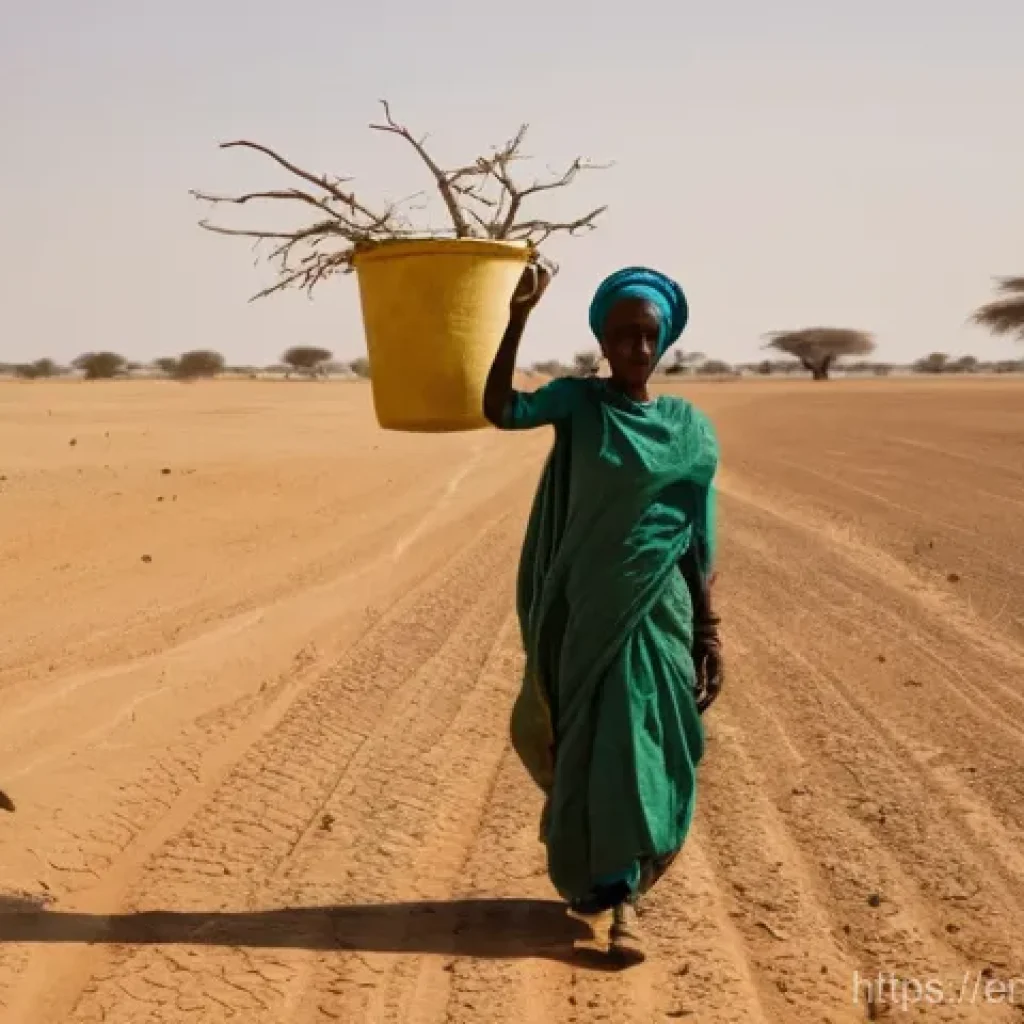 차드에서의 자연재해 위험 - **Prompt:** A wide, expansive shot of the Sahel region in Chad, depicting a severe drought. The grou...