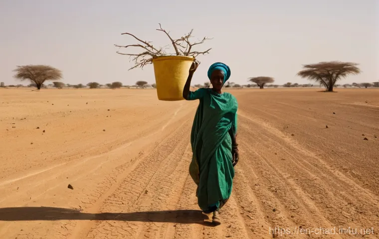 차드에서의 자연재해 위험 - **Prompt:** A wide, expansive shot of the Sahel region in Chad, depicting a severe drought. The grou...