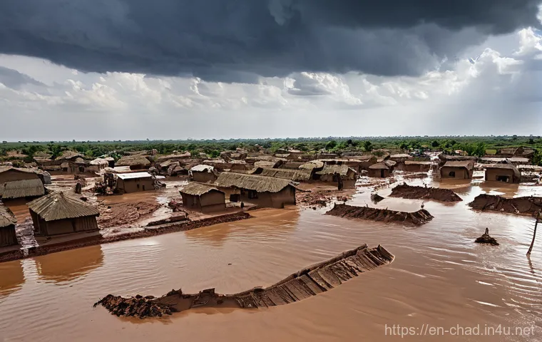 차드에서의 자연재해 위험 - **Prompt:** A wide, expansive shot of the Sahel region in Chad, depicting a severe drought. The grou...