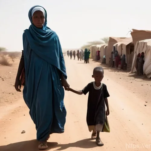 차드와 수단 국경 문제 - **A Journey of Desperation and Resilience:**
    A wide-angle, cinematic photograph of a group of Su...