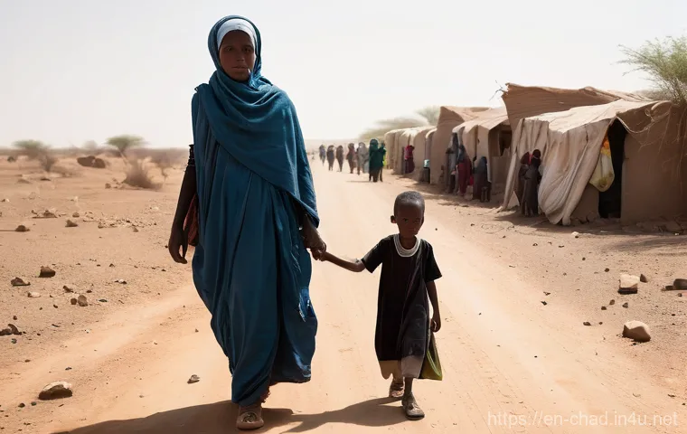 차드와 수단 국경 문제 - **A Journey of Desperation and Resilience:**
    A wide-angle, cinematic photograph of a group of Su...