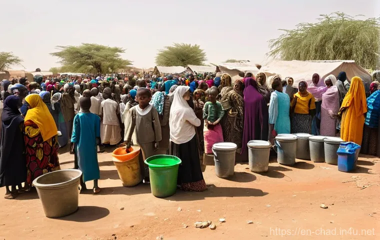 차드와 수단 국경 문제 - **A Journey of Desperation and Resilience:**
    A wide-angle, cinematic photograph of a group of Su...