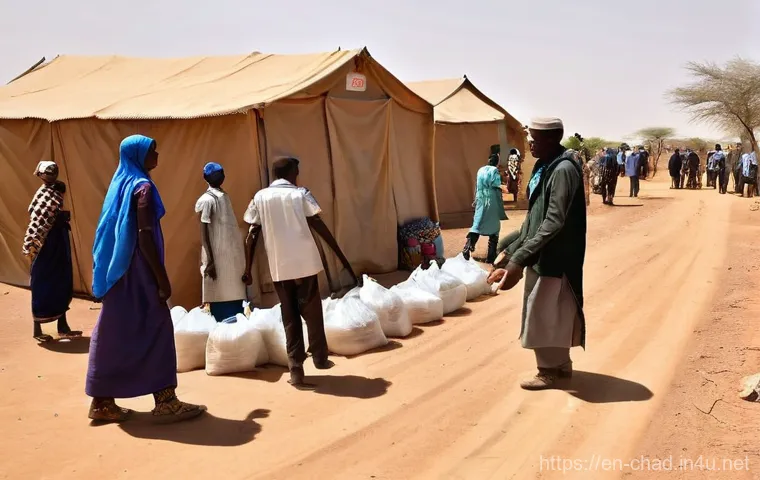 차드와 수단 국경 문제 - **Overwhelmed Sanctuary: Life in a Makeshift Camp:**
    A medium shot capturing the dense, chaotic ...