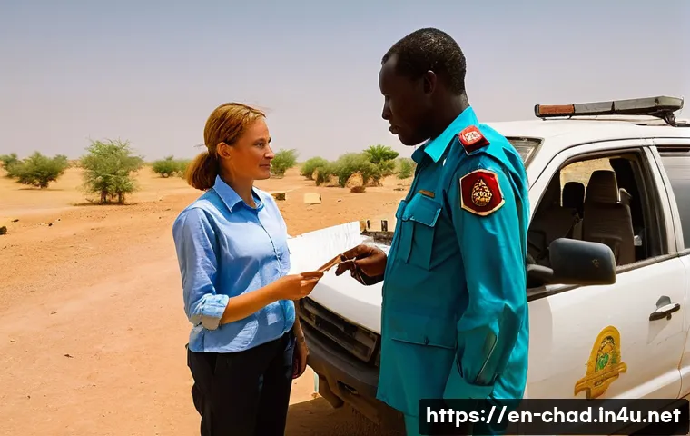 차드에서 운전 면허증 취득 방법 - **Prompt:** A respectful interaction between a male Chadian police officer and a female Western trav...