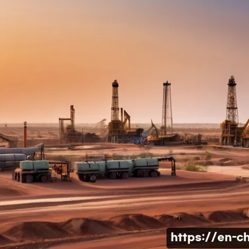 차드에서 자원 개발 프로젝트 - A panoramic view of a modern oil extraction site in Chad at sunset, featuring large oil rigs and pip...
