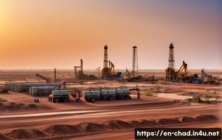 차드에서 자원 개발 프로젝트 - A panoramic view of a modern oil extraction site in Chad at sunset, featuring large oil rigs and pip...