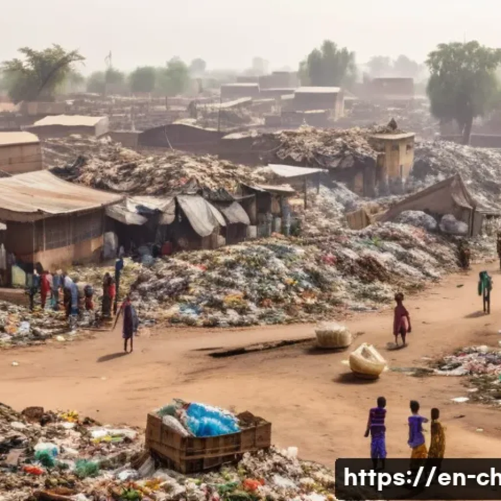 차드에서 발생한 환경 오염 문제 - A sprawling urban scene in N&rsquo;Djamena, Chad, showing crowded streets with piles of mixed waste includ...