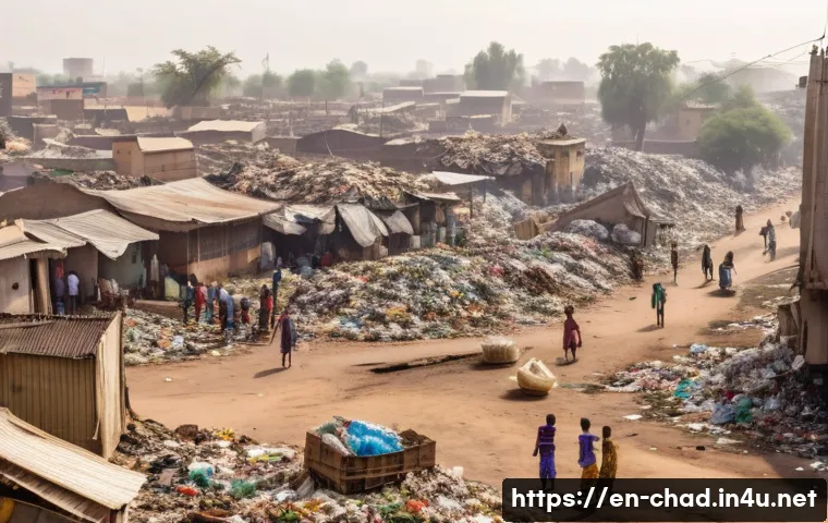 차드에서 발생한 환경 오염 문제 - A sprawling urban scene in N’Djamena, Chad, showing crowded streets with piles of mixed waste includ...