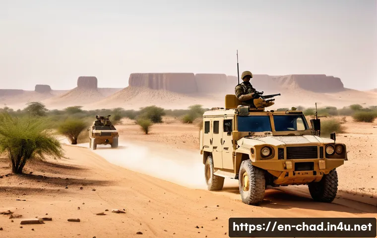 차드에서 발생한 주요 테러 사건 - A rugged desert landscape along Chad’s porous border featuring armed soldiers conducting joint patro...