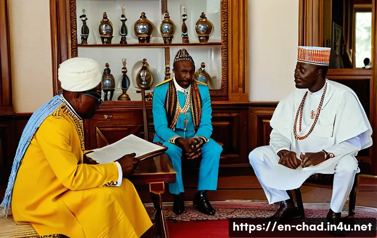 차드 독립 과정과 역사 - A detailed historical scene depicting a French colonial administrator in early 20th century Chad, se...