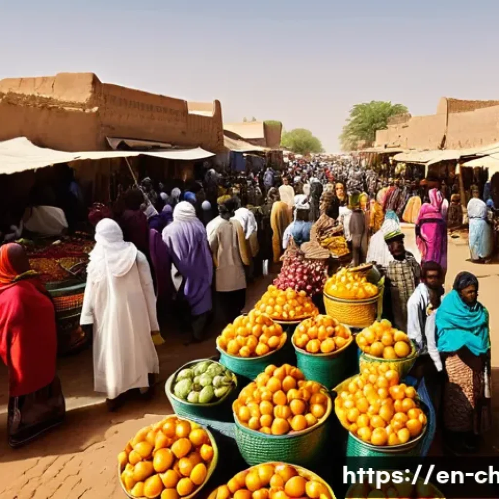 차드에서 가장 큰 마켓과 쇼핑 장소 - A vibrant bustling market scene in Chad during early morning, filled with local vendors and shoppers...