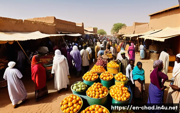 차드에서 가장 큰 마켓과 쇼핑 장소 - A vibrant bustling market scene in Chad during early morning, filled with local vendors and shoppers...
