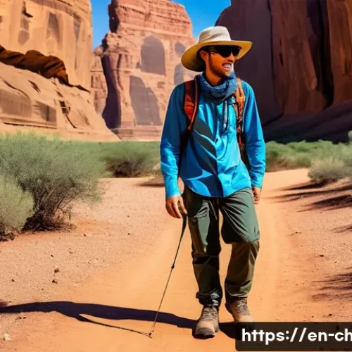 차드 방문 시 필수 준비물 - A well-equipped traveler hiking near the Ennedi Plateau in Chad under a bright sun, wearing lightwei...