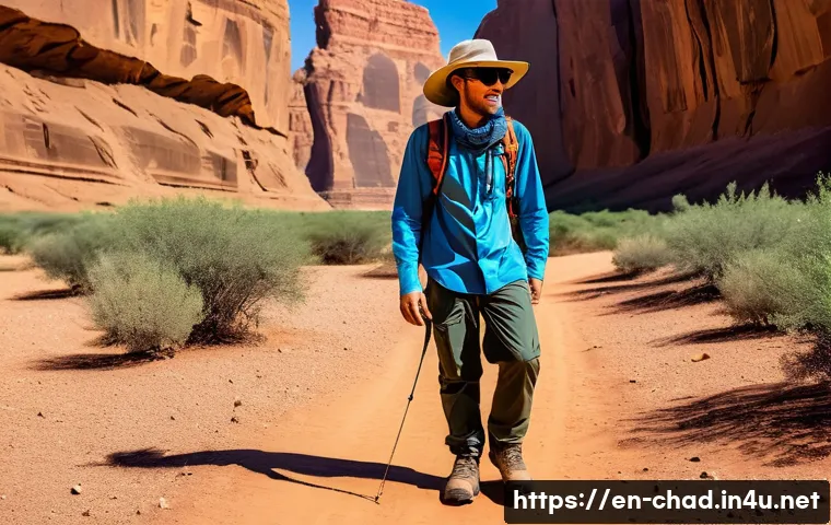 차드 방문 시 필수 준비물 - A well-equipped traveler hiking near the Ennedi Plateau in Chad under a bright sun, wearing lightwei...