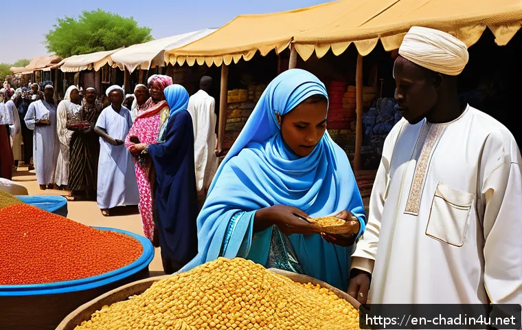 차드에서 아랍어 사용률 - A vibrant marketplace scene in N&rsquo;Djamena, Chad, showcasing diverse ethnic groups communicating fluen...