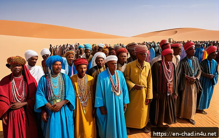 차드에서 흥미로운 민속 축제 - A vibrant scene at the Guelta Festival in northern Chad showing a diverse group of tribal members in...