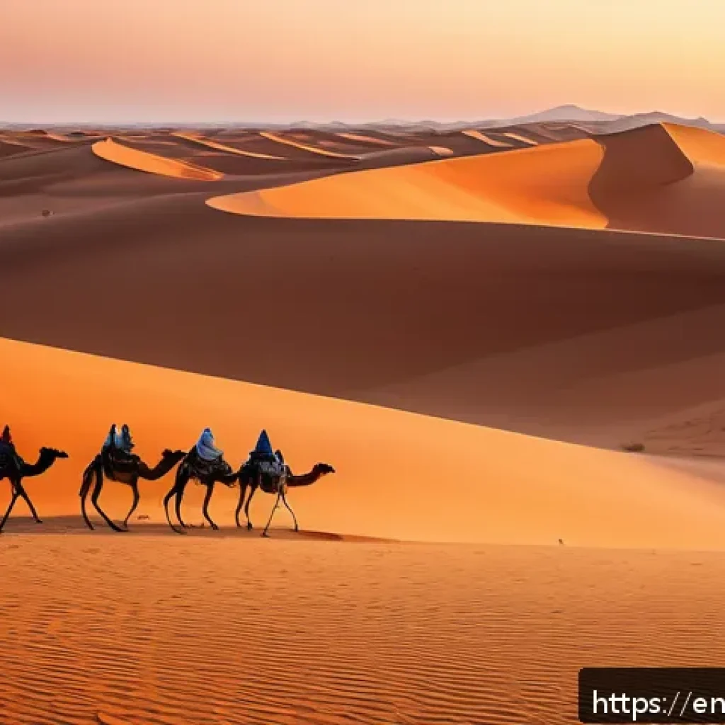 차드 주요 관광지 - A panoramic view of the Sahara Desert in northern Chad during sunset, featuring endless golden sand ...