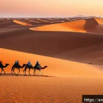 차드 주요 관광지 - A panoramic view of the Sahara Desert in northern Chad during sunset, featuring endless golden sand ...