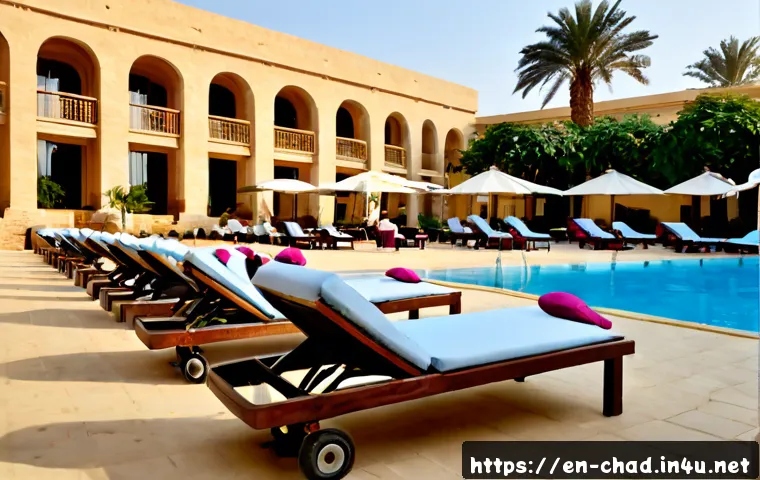 Home 17 차드의 유명 호텔과 숙박 시설 - Photorealistic upscale hotel courtyard in N'Djamena, Chad, elegant low-rise sandstone architecture, ...